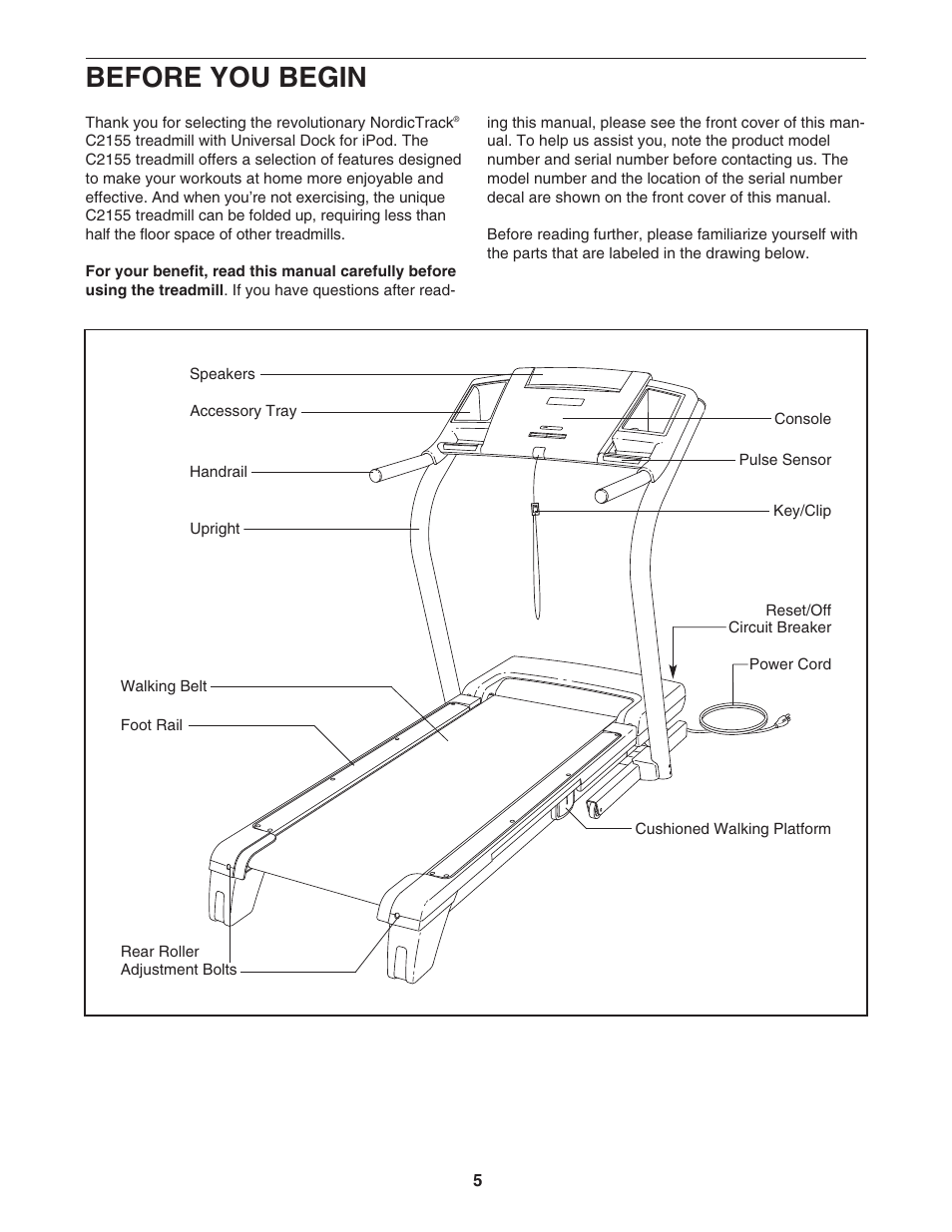 Before you begin | NordicTrack TREADMILL NTL07707.1 User Manual | Page 5 / 32