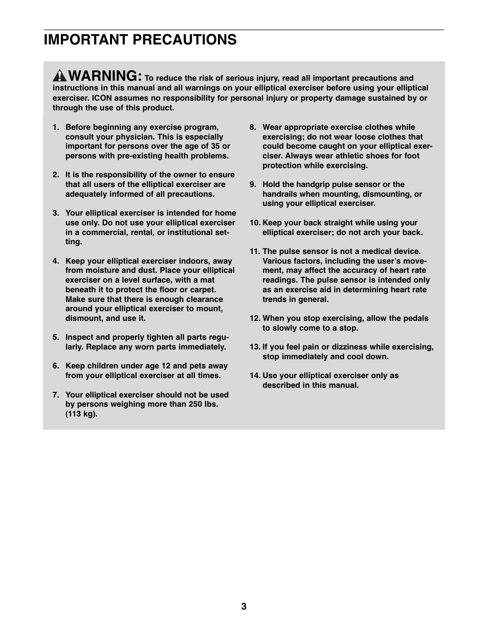Warning, Important precautions | NordicTrack NTCW90907.0 User Manual | Page 3 / 28
