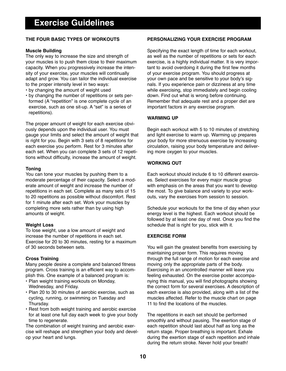 Exercise guidelines | NordicTrack NTBE01700 User Manual | Page 10 / 16
