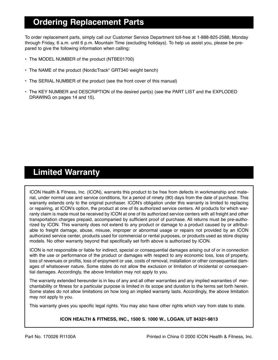 Ordering replacement parts, Limited warranty | NordicTrack NTBE01700 User Manual | Page 16 / 16