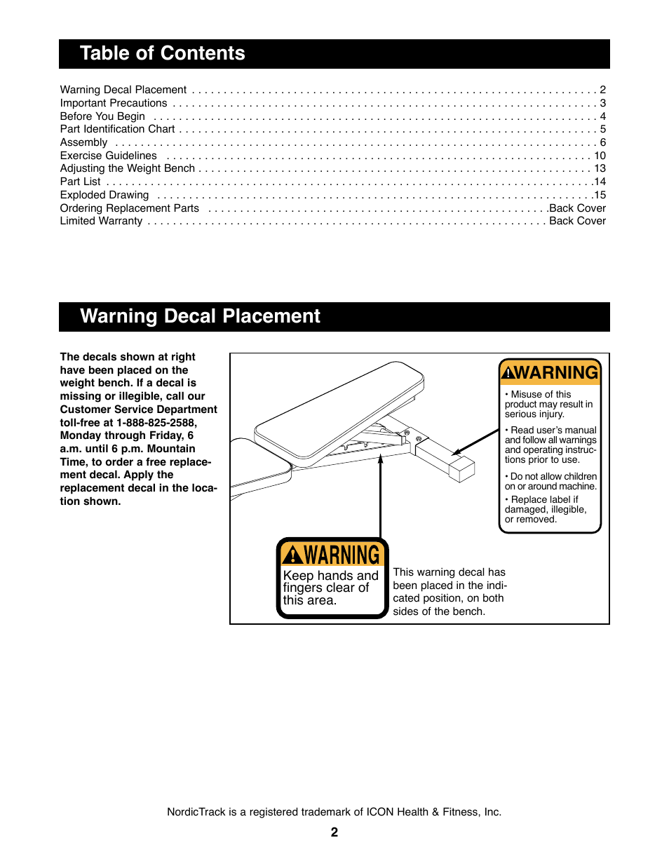 Table of contents warning decal placement, Warning | NordicTrack NTBE01700 User Manual | Page 2 / 16