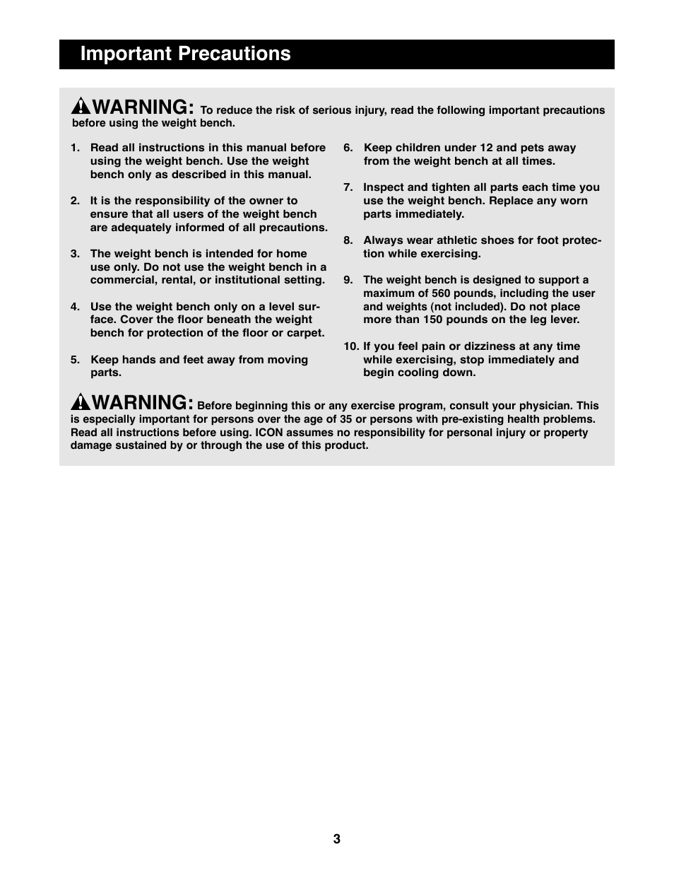 Important precautions warning, Warning | NordicTrack NTBE01700 User Manual | Page 3 / 16