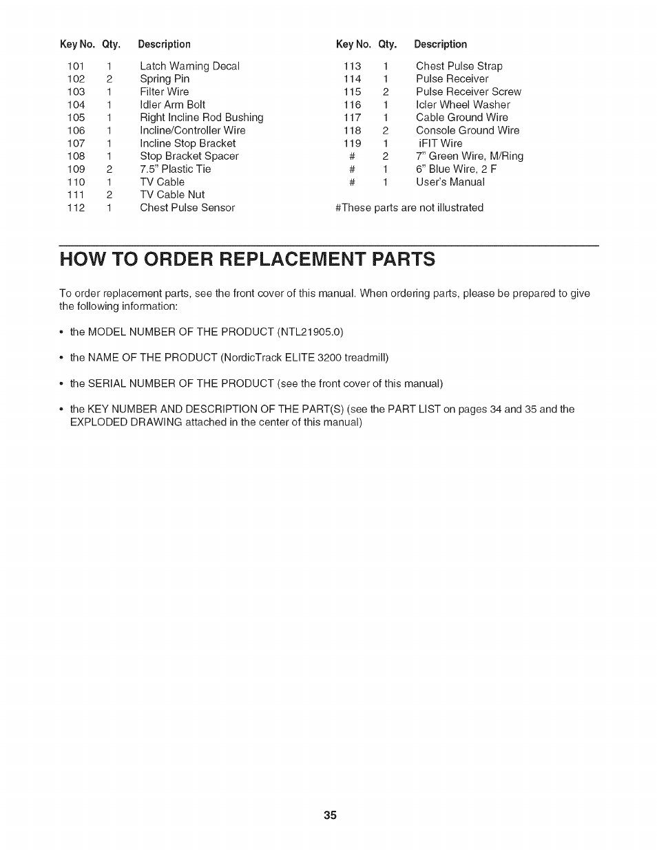 How to order replacement parts | NordicTrack NTL21905.0 User Manual | Page 35 / 38