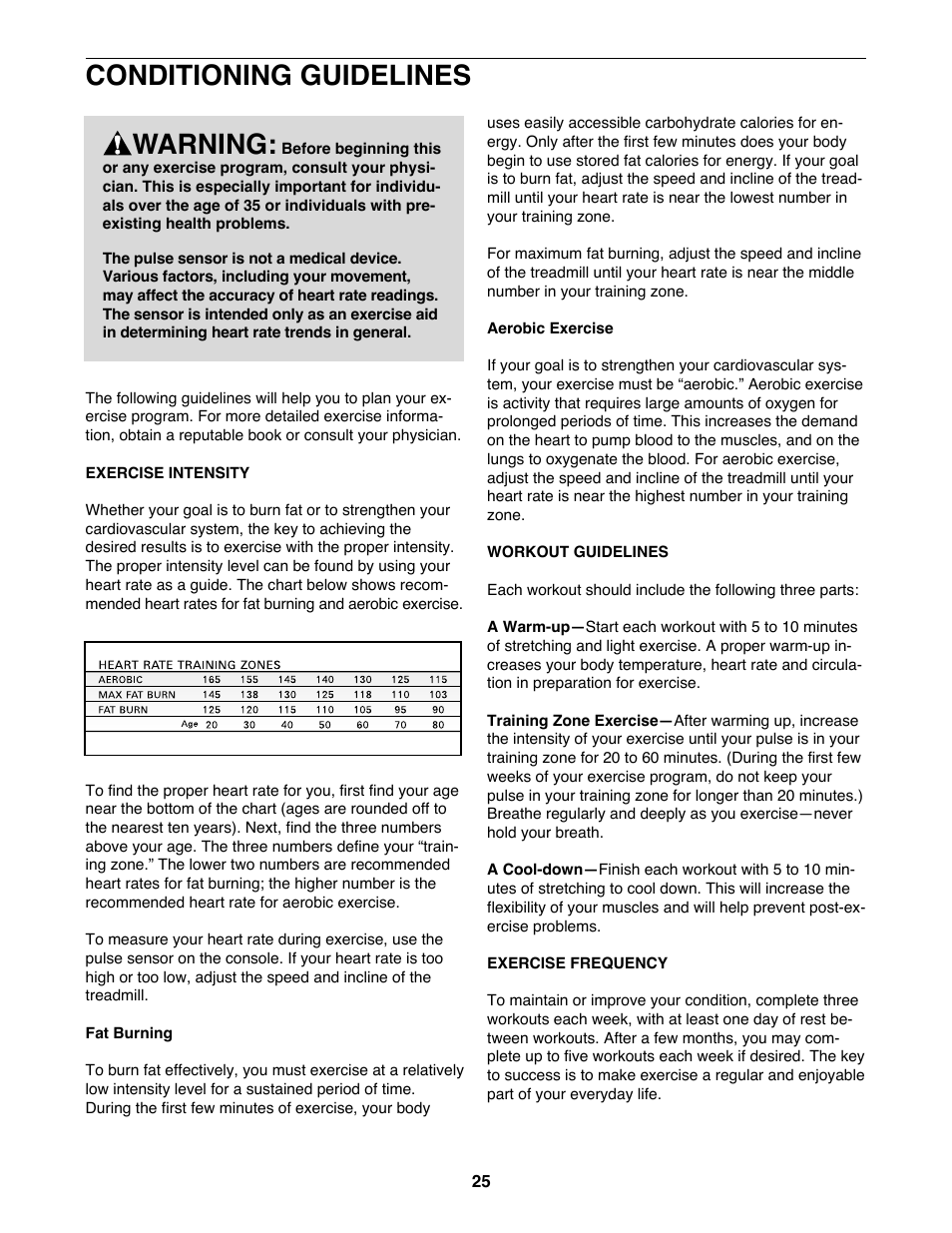 Conditioning guidelines, Warning | NordicTrack NTL99020 User Manual | Page 25 / 30