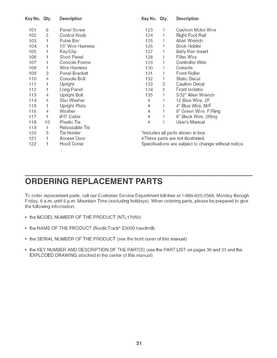 Ordering replacement parts | NordicTrack NTL17950 User Manual | Page 31 / 34
