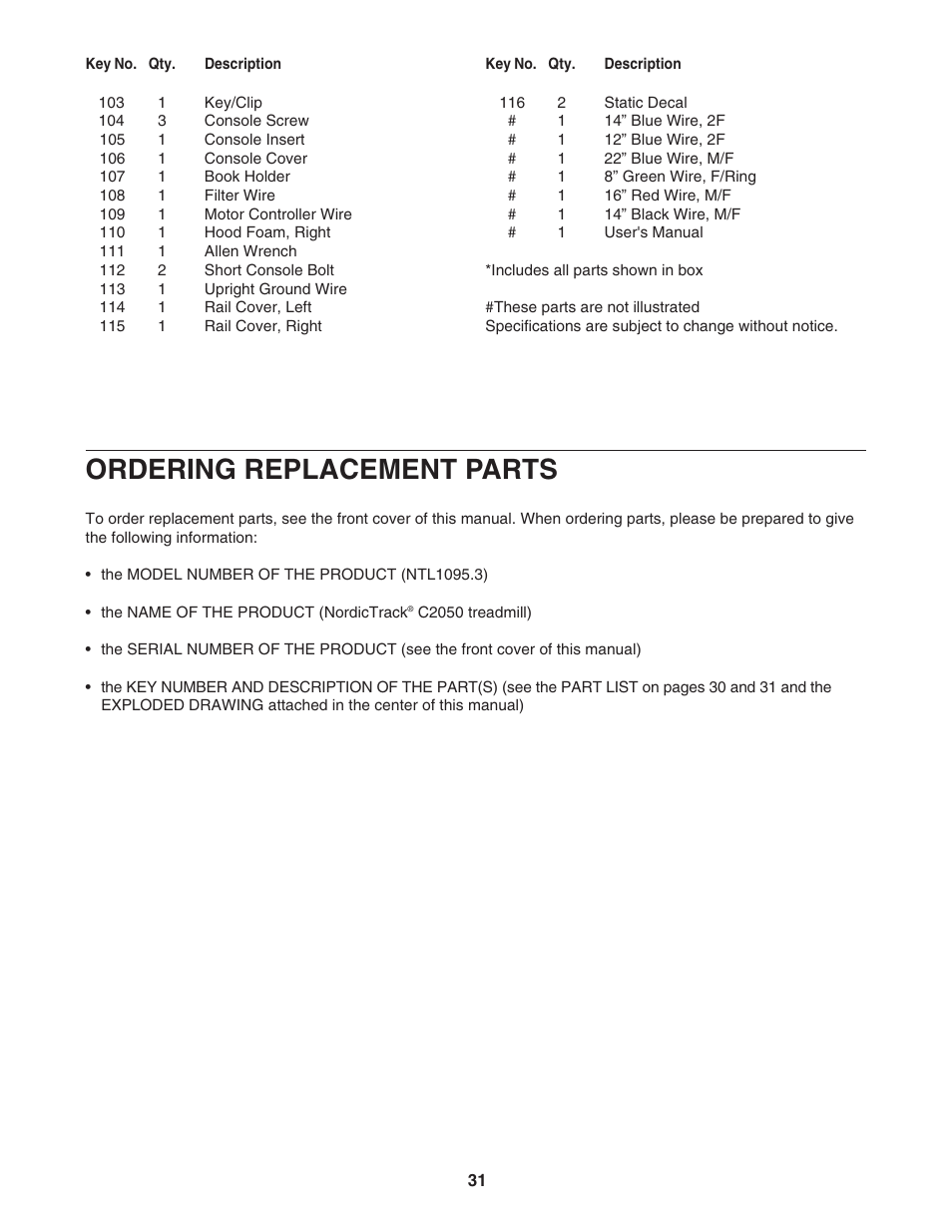 Ordering replacement parts | NordicTrack NTL1095.3 User Manual | Page 31 / 34