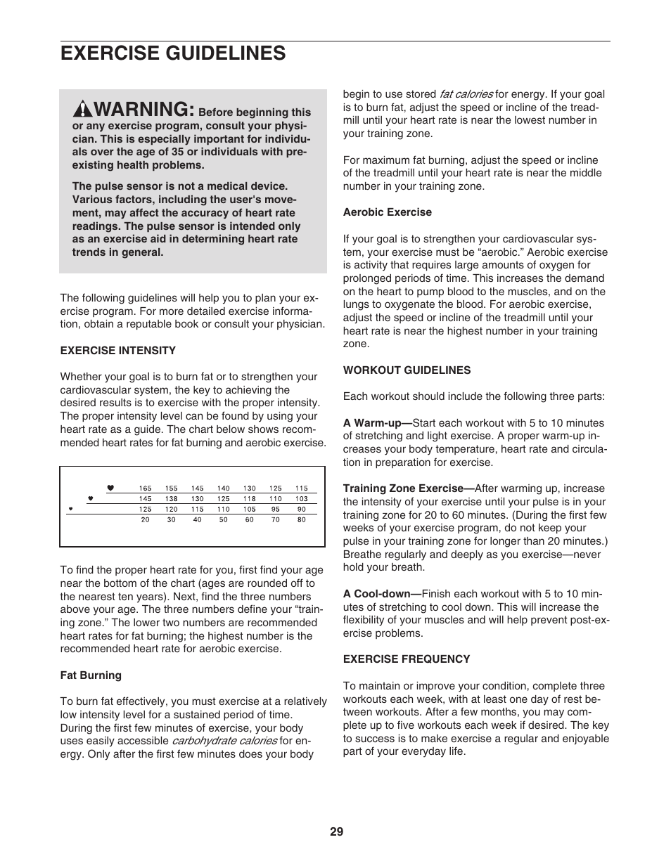 Exercise guidelines warning | NordicTrack ELITE 2900 0603.0 User Manual | Page 29 / 34