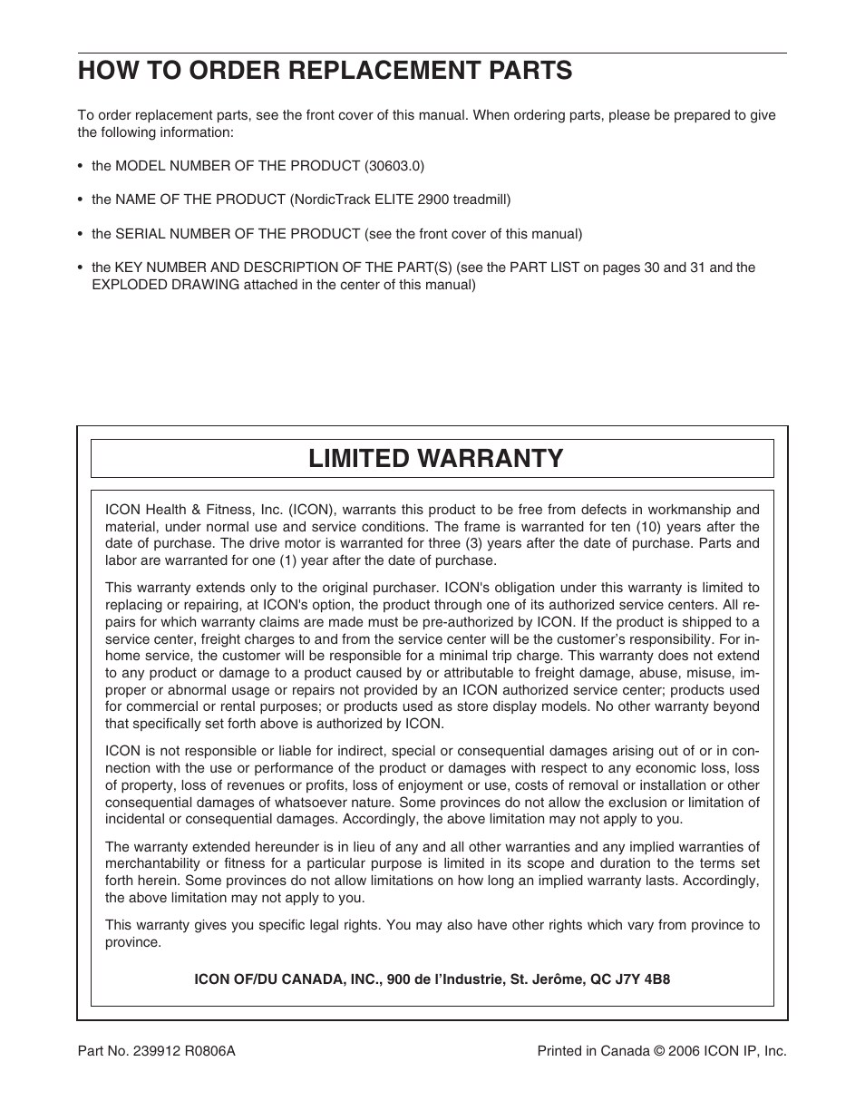 Limited warranty, How to order replacement parts | NordicTrack ELITE 2900 0603.0 User Manual | Page 34 / 34