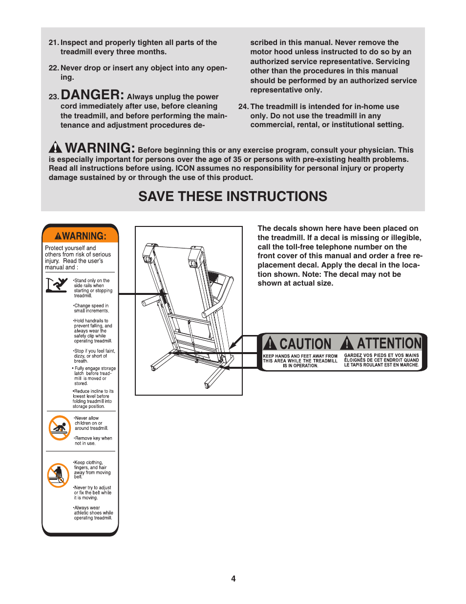 Danger, Warning, Save these instructions | NordicTrack ELITE 2900 0603.0 User Manual | Page 4 / 34