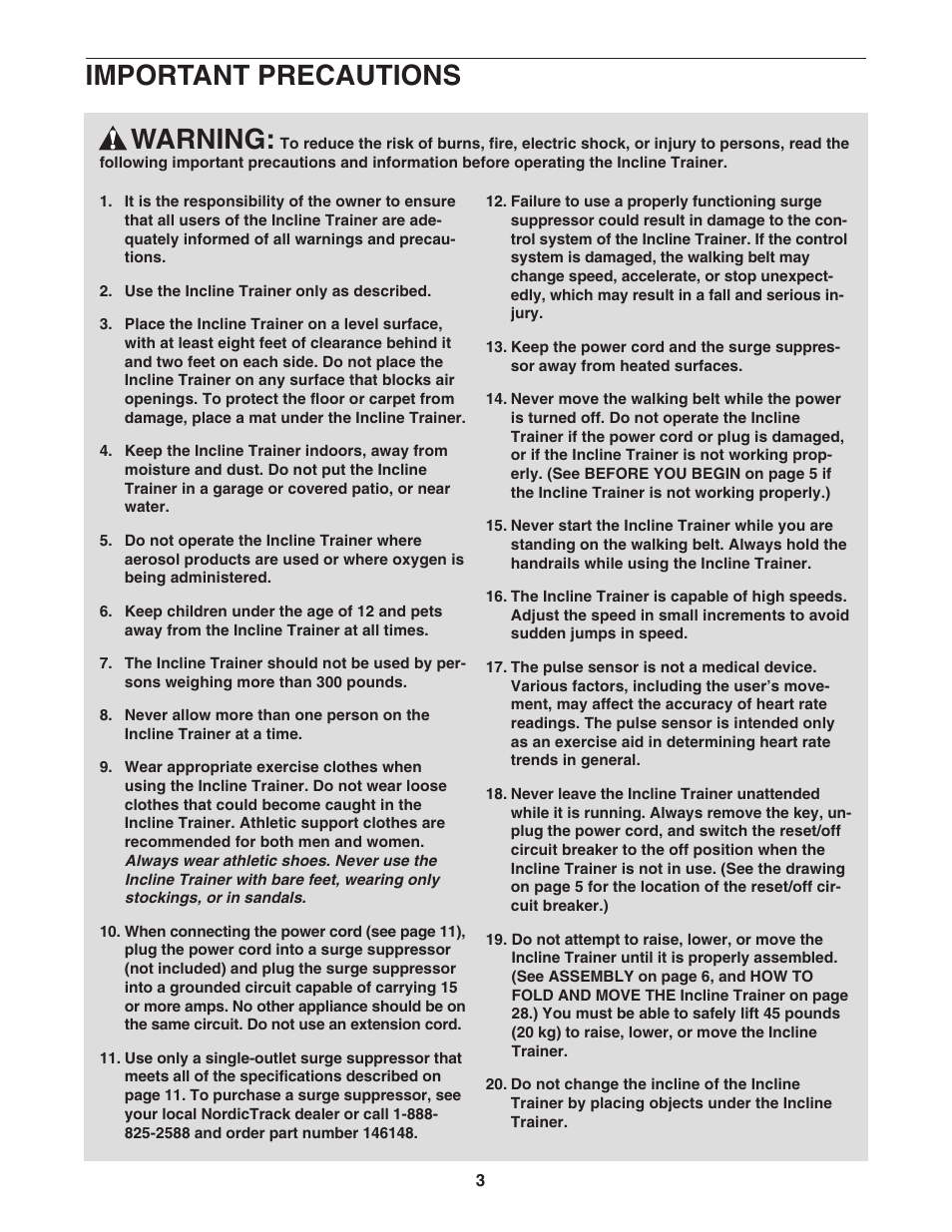 Warning, Important precautions | NordicTrack Incline Trainer NTK1494.1 User Manual | Page 3 / 38