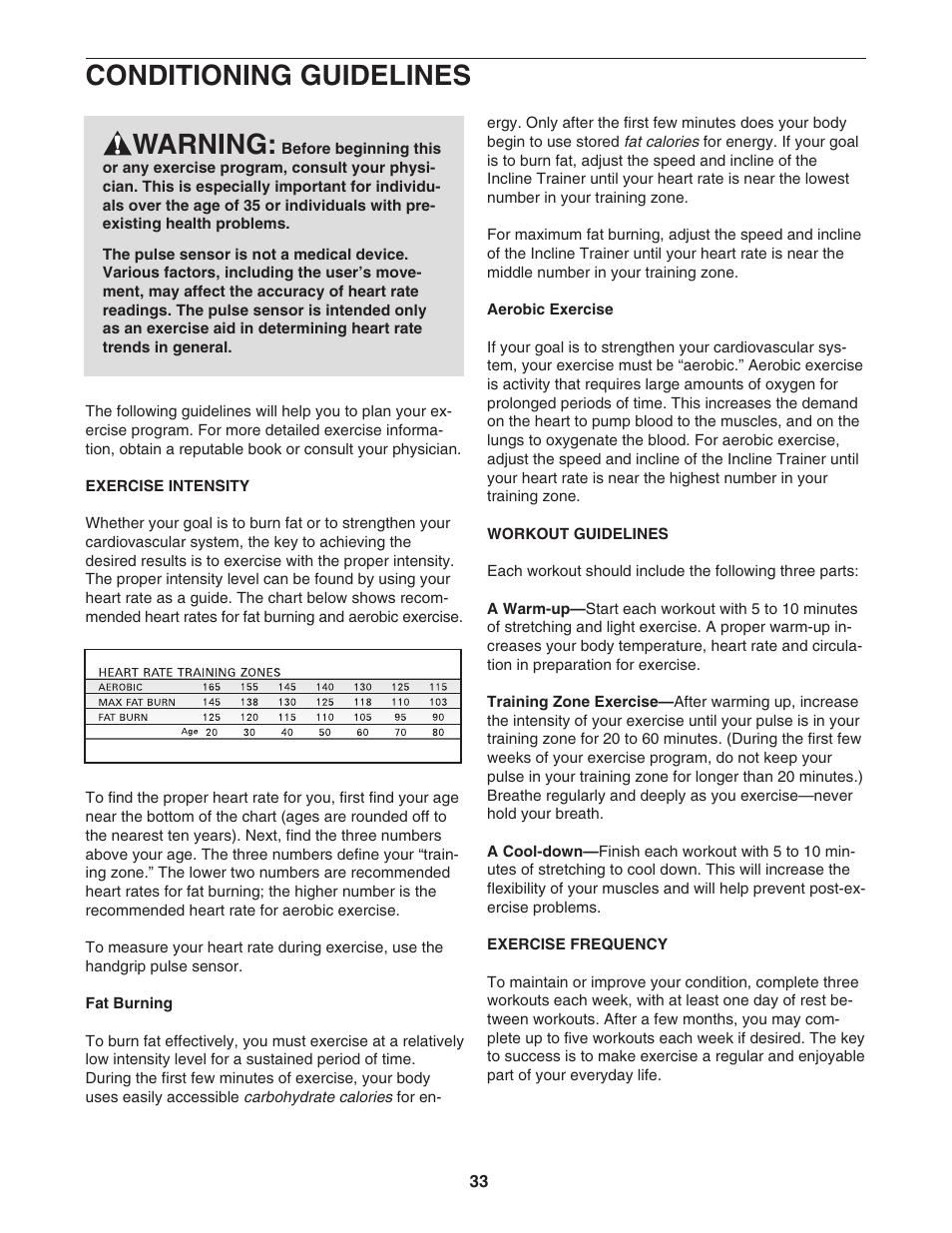 Conditioning guidelines, Warning | NordicTrack Incline Trainer NTK1494.1 User Manual | Page 33 / 38