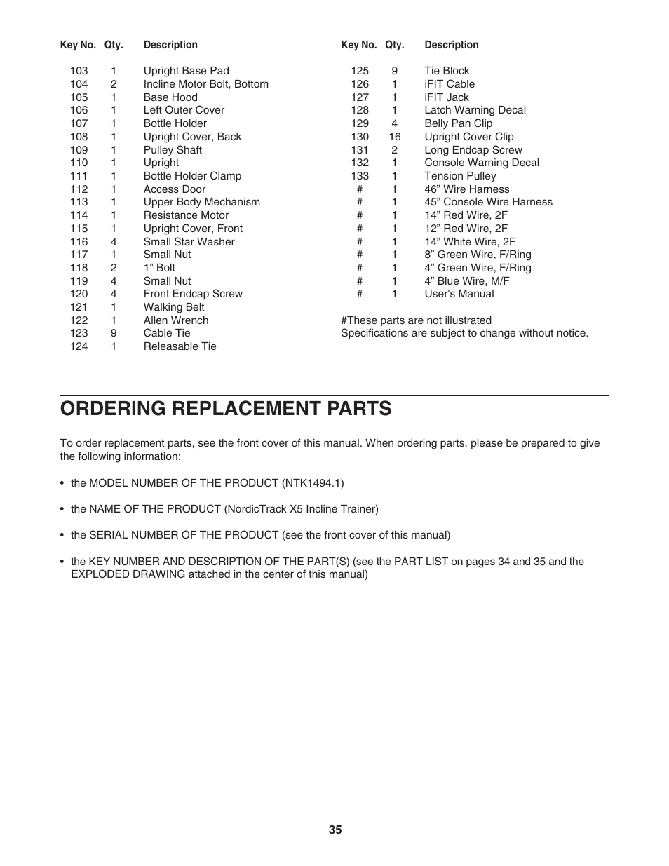 Ordering replacement parts | NordicTrack Incline Trainer NTK1494.1 User Manual | Page 35 / 38