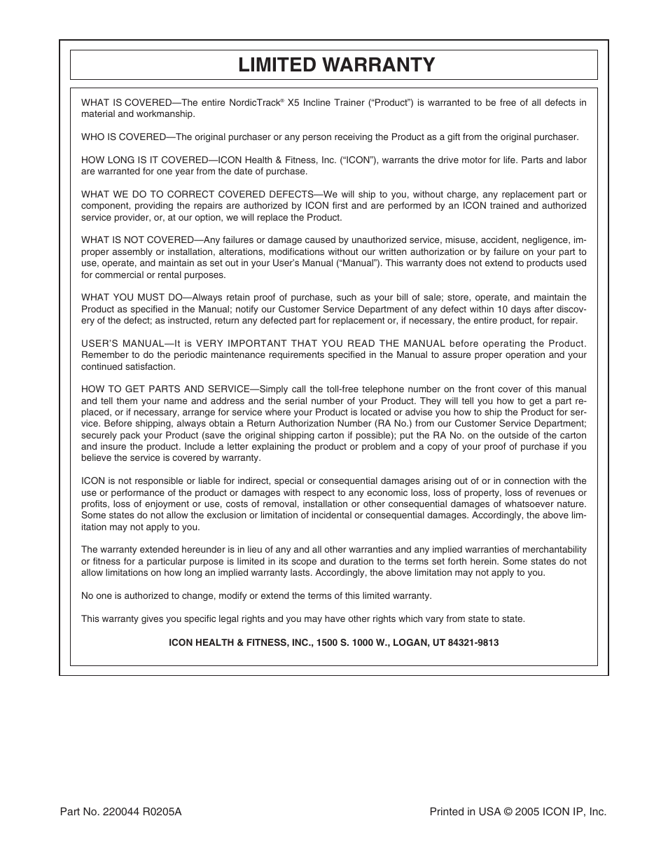 Limited warranty | NordicTrack Incline Trainer NTK1494.1 User Manual | Page 38 / 38