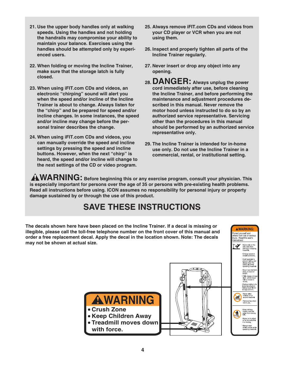Danger, Warning, Save these instructions | NordicTrack Incline Trainer NTK1494.1 User Manual | Page 4 / 38
