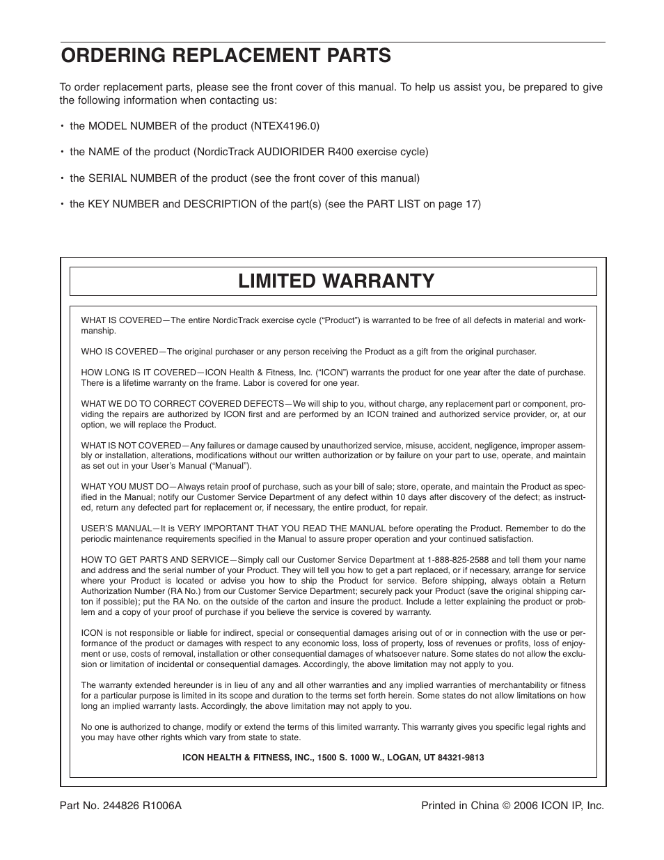 Ordering replacement parts limited warranty | NordicTrack AudioRider NTEX4196.0 User Manual | Page 20 / 20