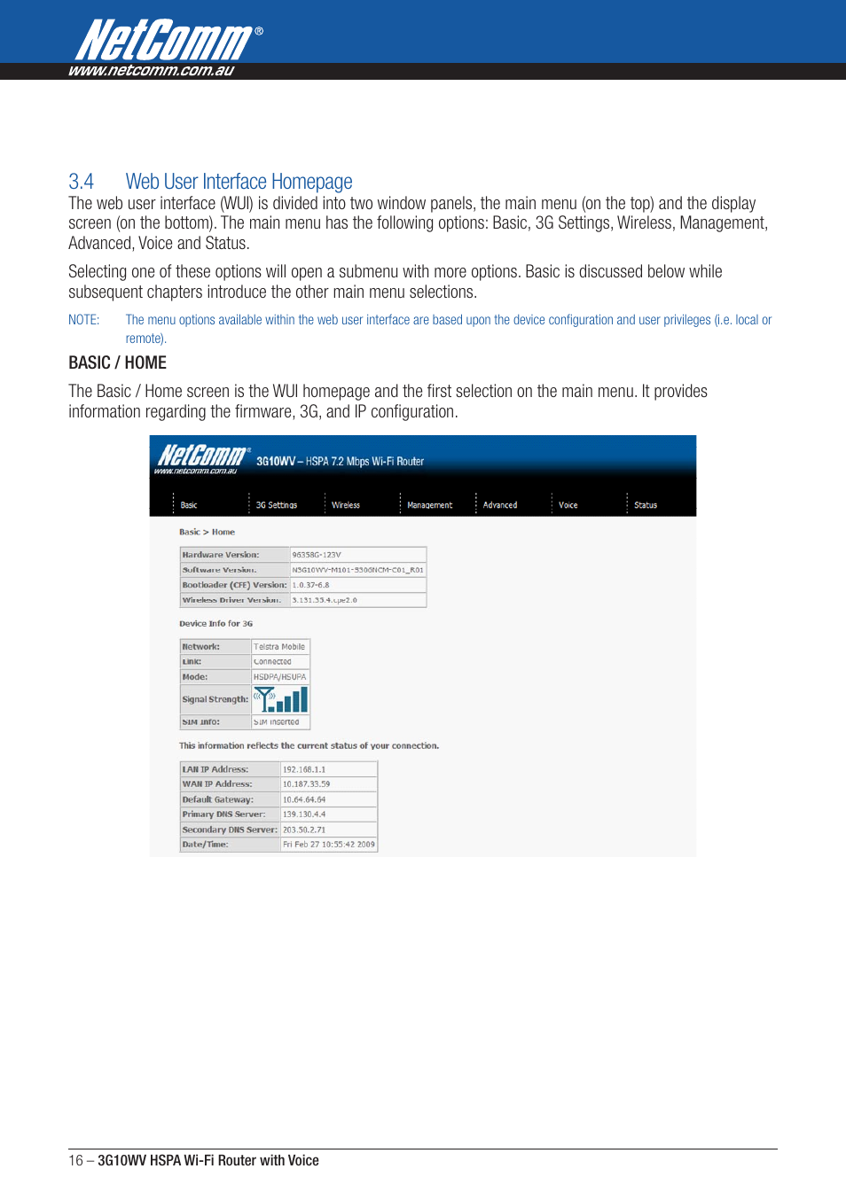 4 web user interface homepage | NordicTrack ROUTER WITH VOICE 3G10WV User Manual | Page 16 / 96