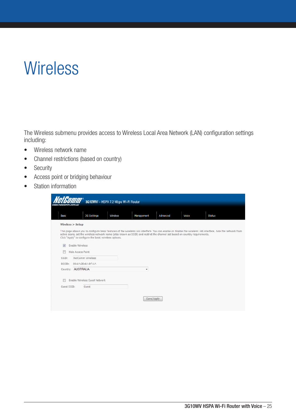 Wireless | NordicTrack ROUTER WITH VOICE 3G10WV User Manual | Page 25 / 96