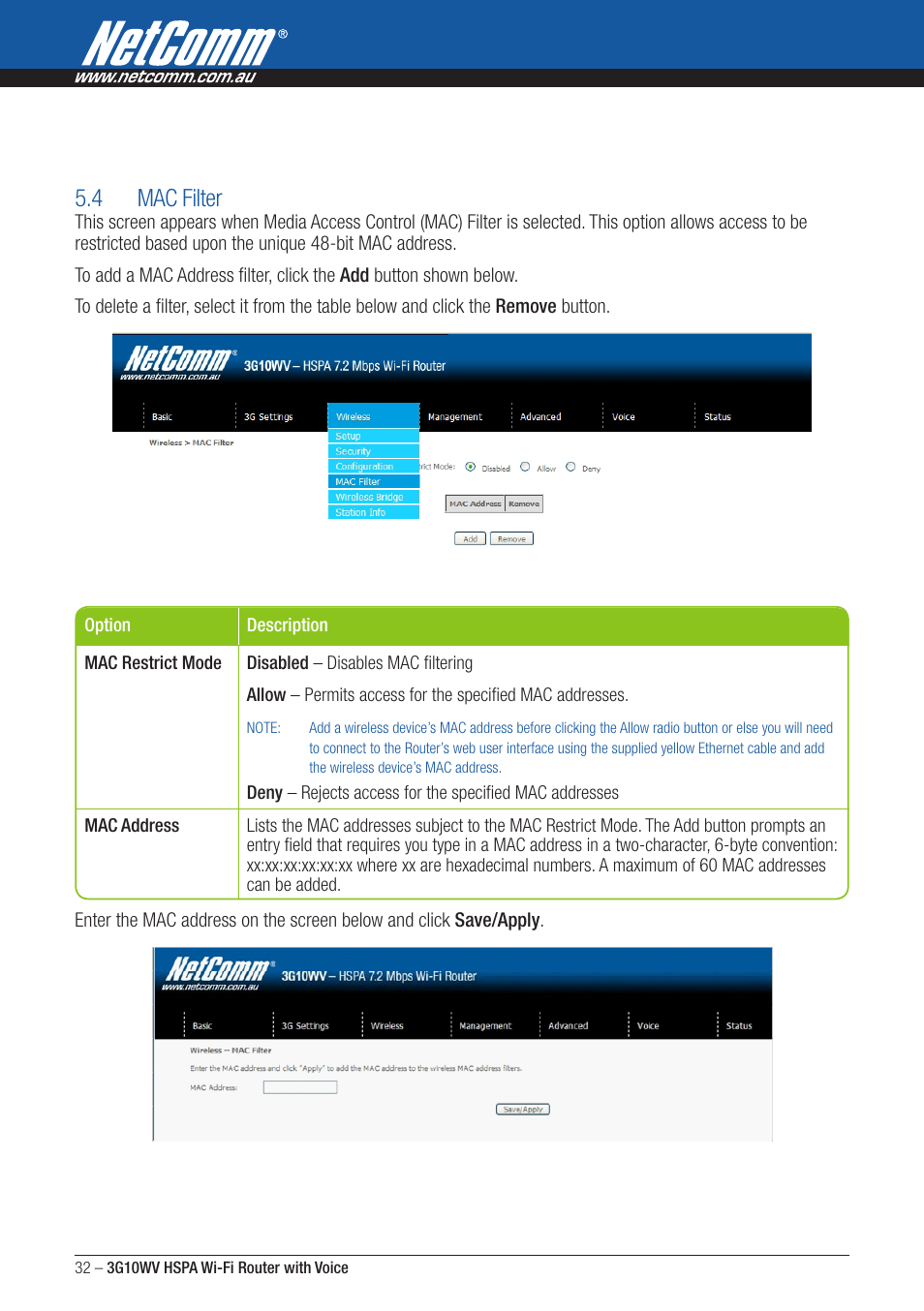 4 mac filter | NordicTrack ROUTER WITH VOICE 3G10WV User Manual | Page 32 / 96