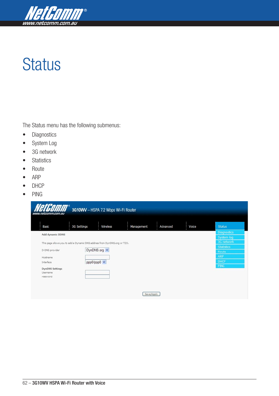 Status | NordicTrack ROUTER WITH VOICE 3G10WV User Manual | Page 62 / 96