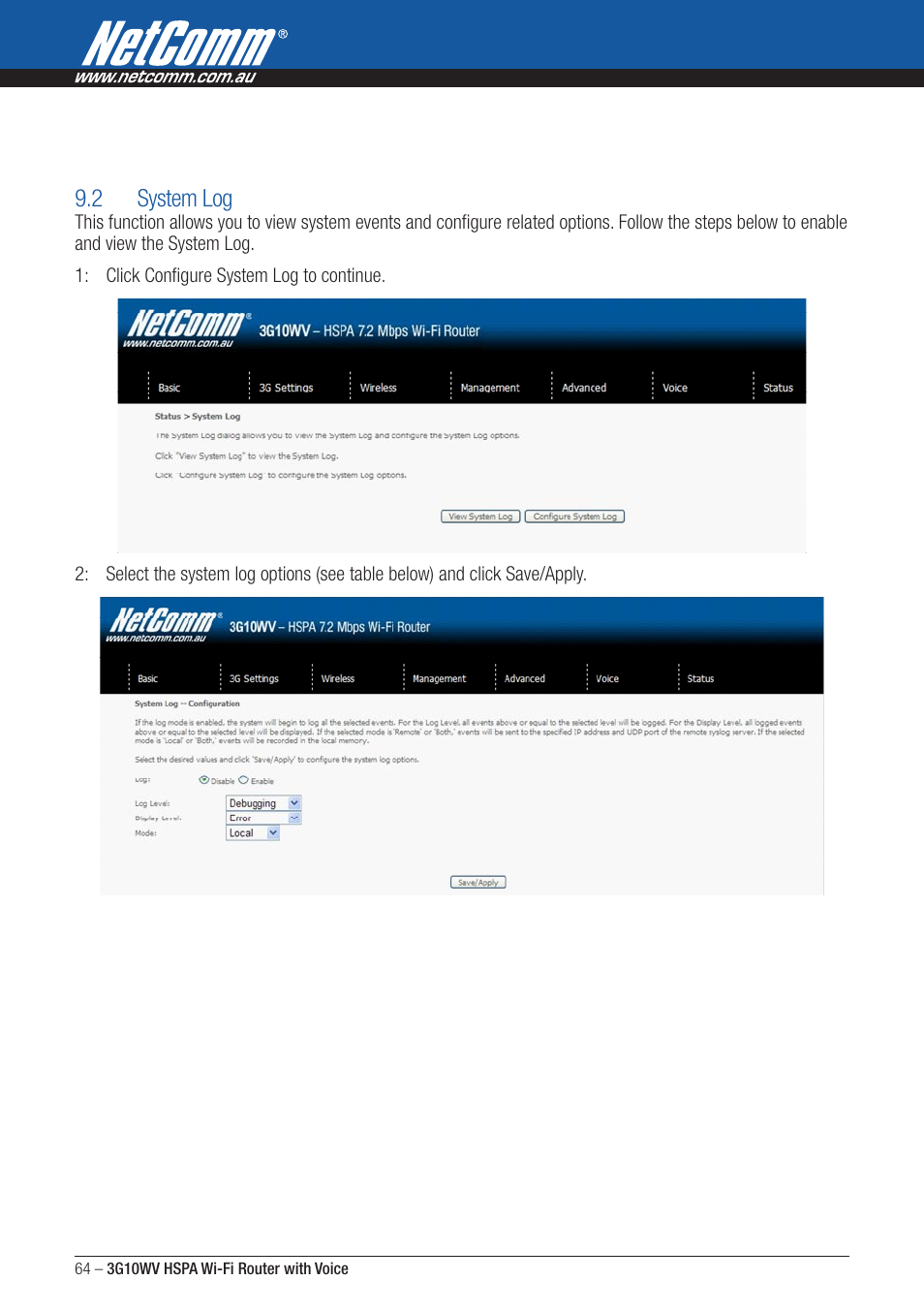 2 system log | NordicTrack ROUTER WITH VOICE 3G10WV User Manual | Page 64 / 96