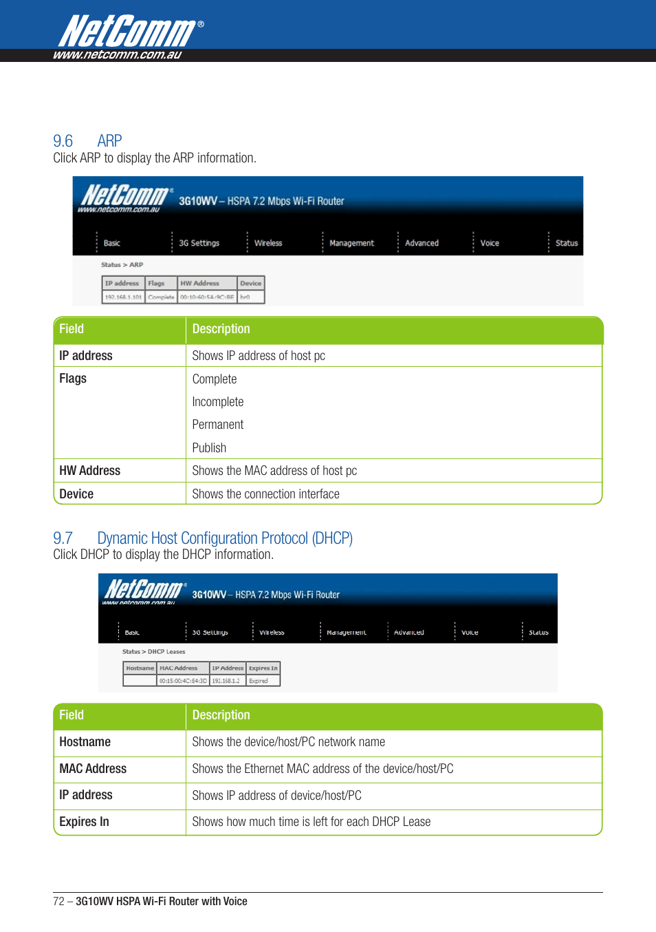 6 arp, 7 dynamic host configuration protocol (dhcp) | NordicTrack ROUTER WITH VOICE 3G10WV User Manual | Page 72 / 96