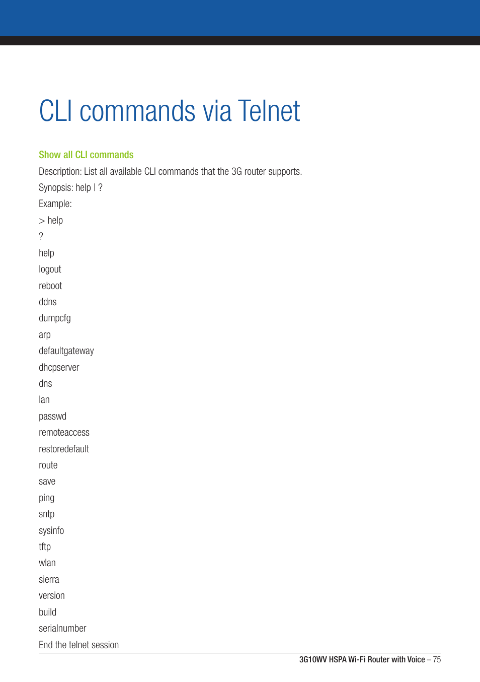 Cli commands via telnet | NordicTrack ROUTER WITH VOICE 3G10WV User Manual | Page 75 / 96