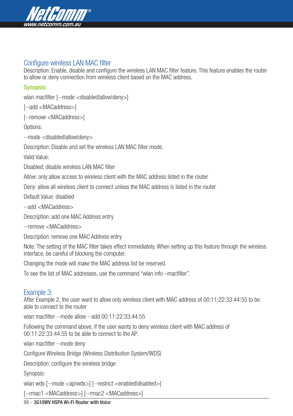 Configure wireless lan mac filter, Example | NordicTrack ROUTER WITH VOICE 3G10WV User Manual | Page 88 / 96