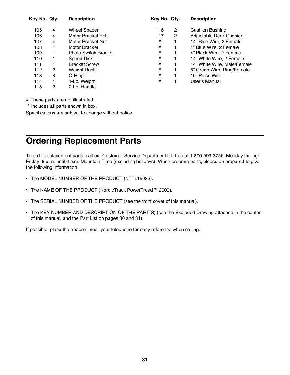 Ordering replacement parts | NordicTrack NTTL15083 User Manual | Page 31 / 34
