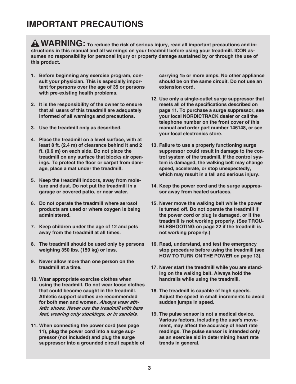 Warning, Important precautions | NordicTrack COMMERCIAL NTL09707.1 User Manual | Page 3 / 30