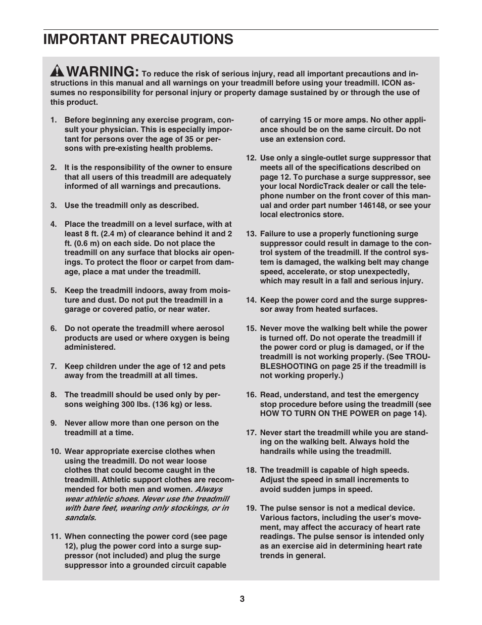 Warning, Important precautions | NordicTrack A2350 NTL07007.3 User Manual | Page 3 / 36