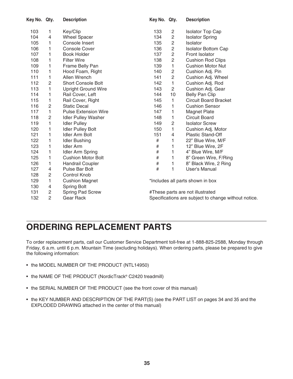 Ordering replacement parts | NordicTrack NTL14950 User Manual | Page 35 / 38