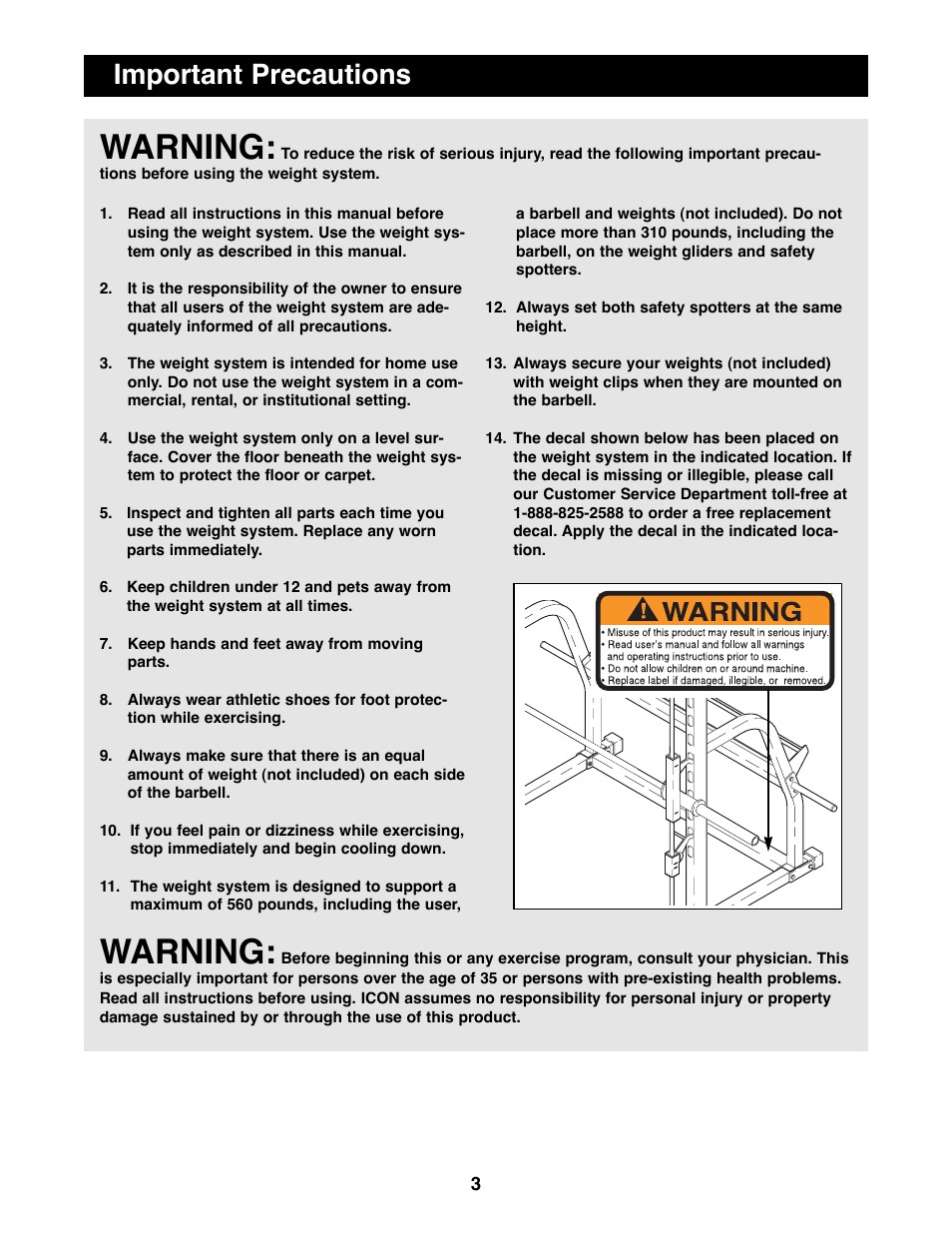 Warning, Important precautions | NordicTrack NTBE04990 User Manual | Page 3 / 14