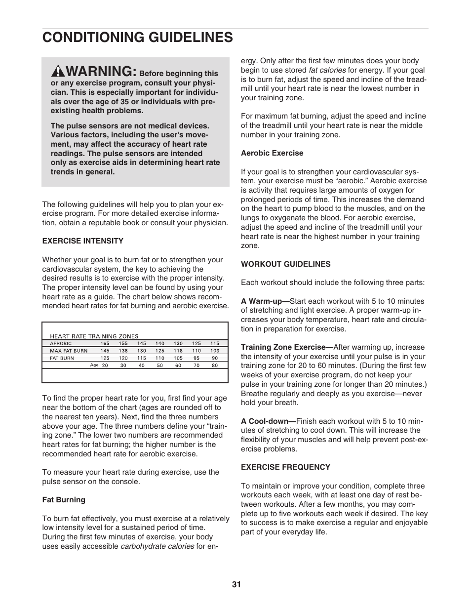 Conditioning guidelines, Warning | NordicTrack NTL22840 User Manual | Page 31 / 38