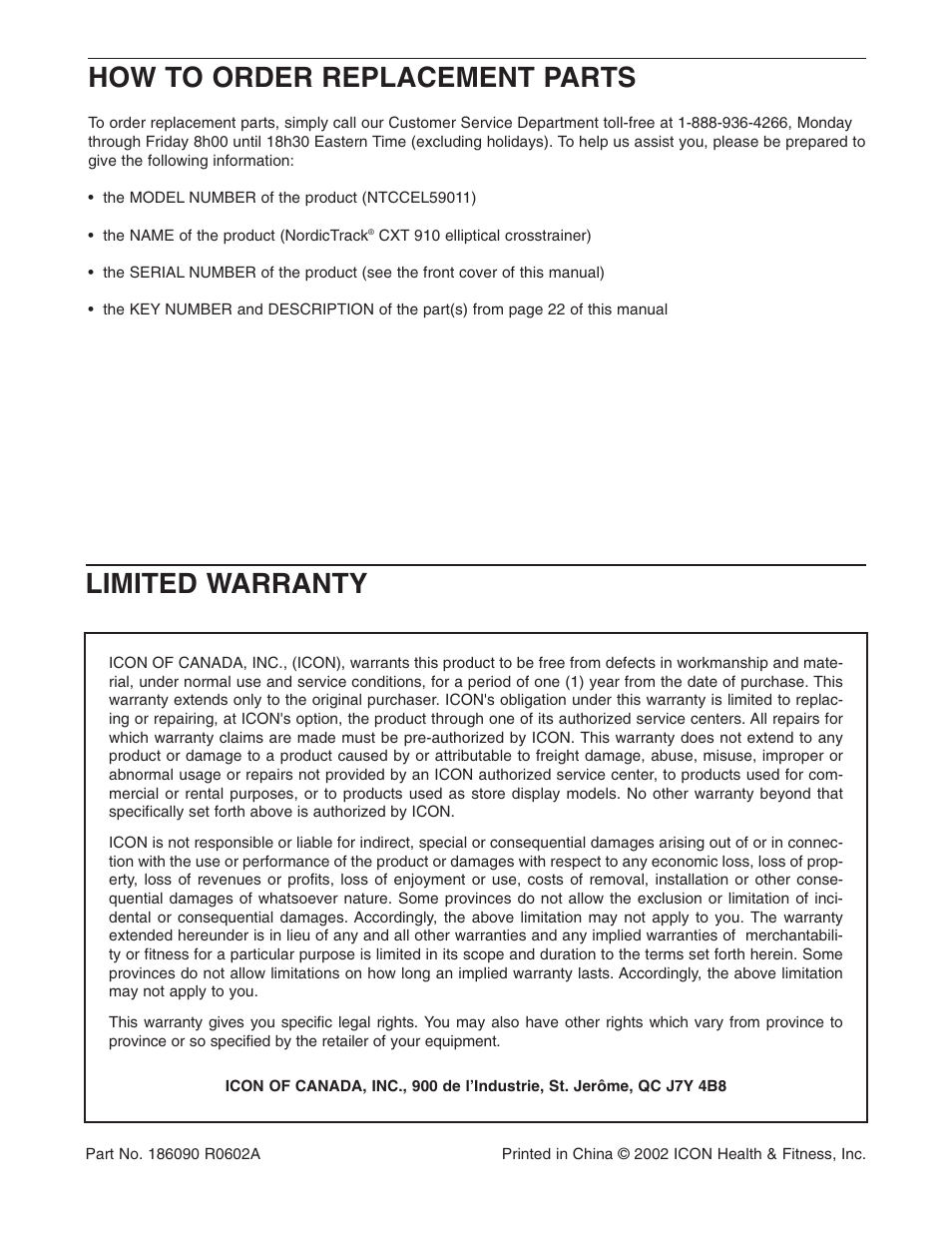 How to order replacement parts, Limited warranty | NordicTrack NTCCEL59011 User Manual | Page 24 / 24