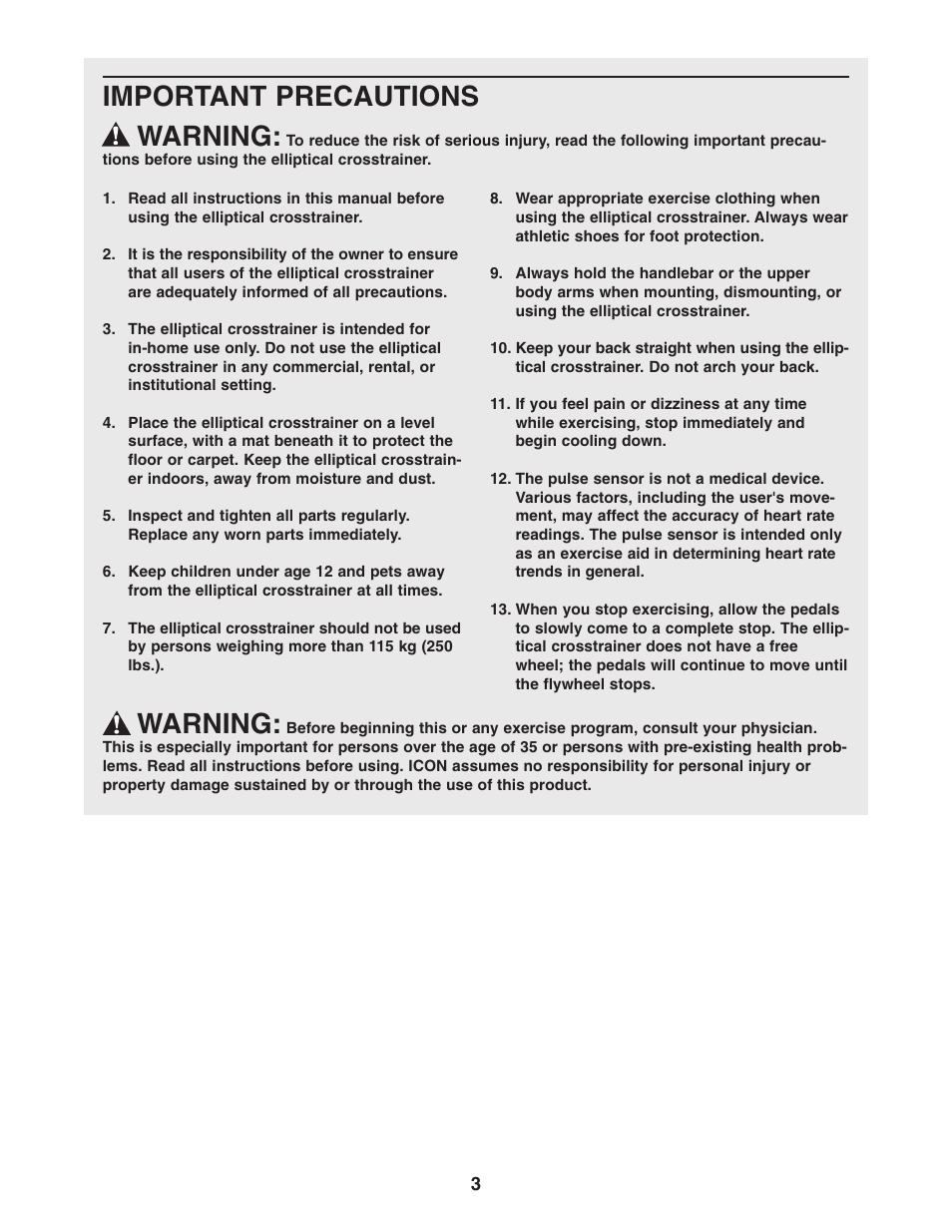 Important precautions warning, Warning | NordicTrack NTCCEL59011 User Manual | Page 3 / 24