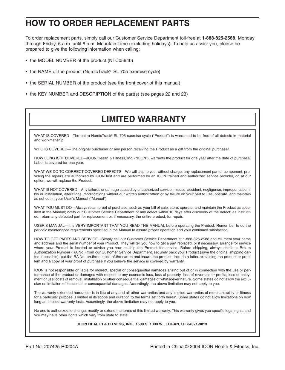 How to order replacement parts, Limited warranty | NordicTrack SL 705 NTC05940 User Manual | Page 24 / 24