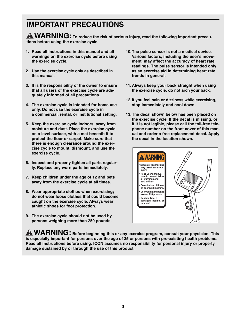 Warning, Important precautions warning | NordicTrack NTC3015.0 User Manual | Page 3 / 24
