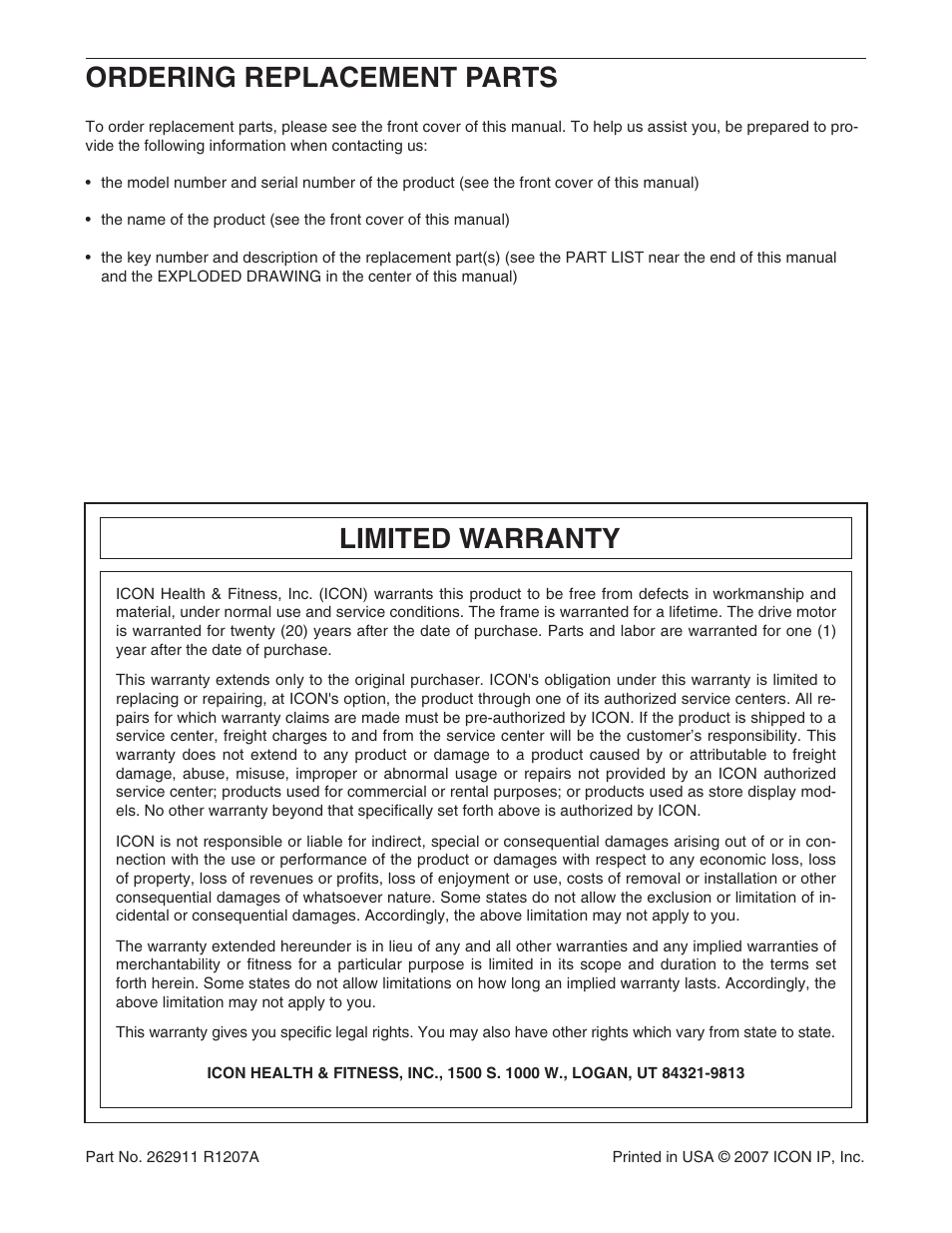Ordering replacement parts, Limited warranty | NordicTrack ELITE NTL19806.5 User Manual | Page 34 / 34