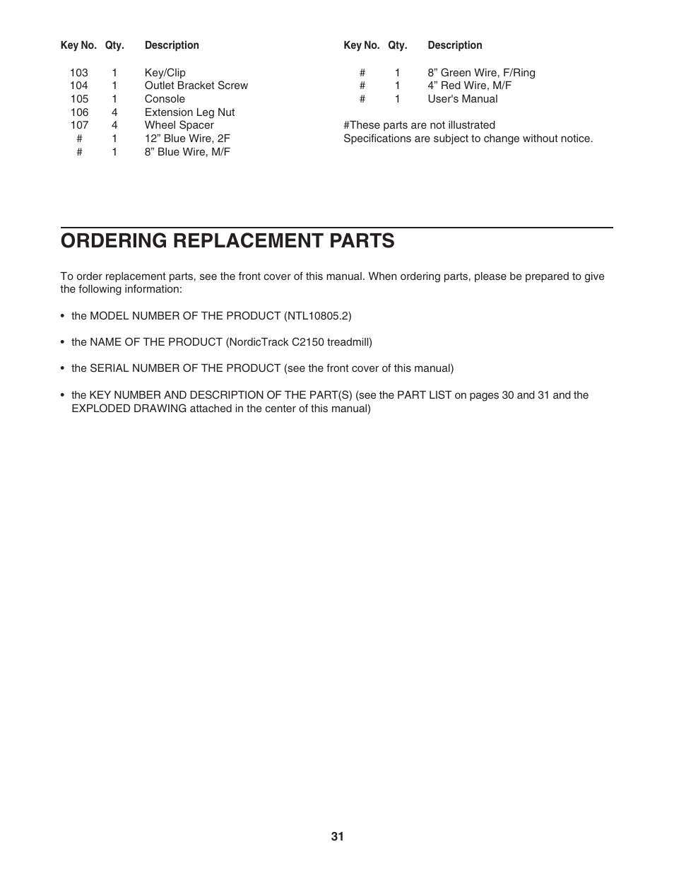 Ordering replacement parts | NordicTrack NTL10805.2 User Manual | Page 31 / 34