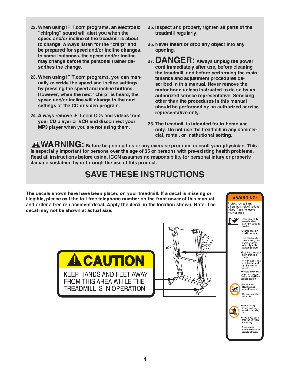 Danger, Warning, Save these instructions | NordicTrack C2150 NTL10805.0 User Manual | Page 4 / 34