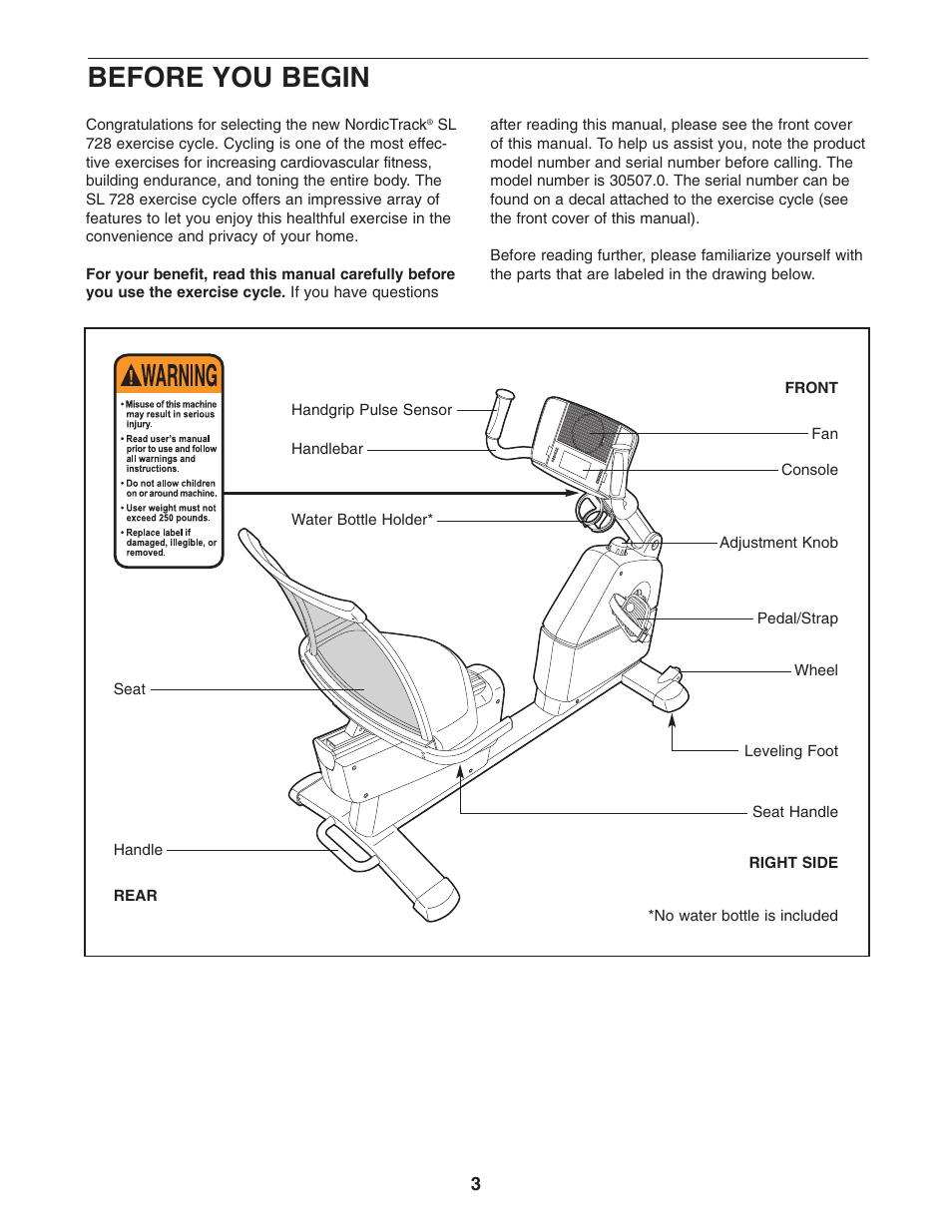 Before you begin | NordicTrack EXERCISE CYCLE 30507.0 User Manual | Page 3 / 24