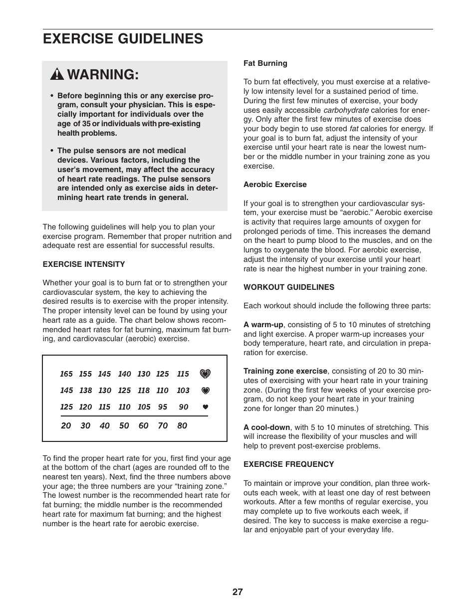 Warning, Exercise guidelines | NordicTrack NTC89021 User Manual | Page 27 / 32