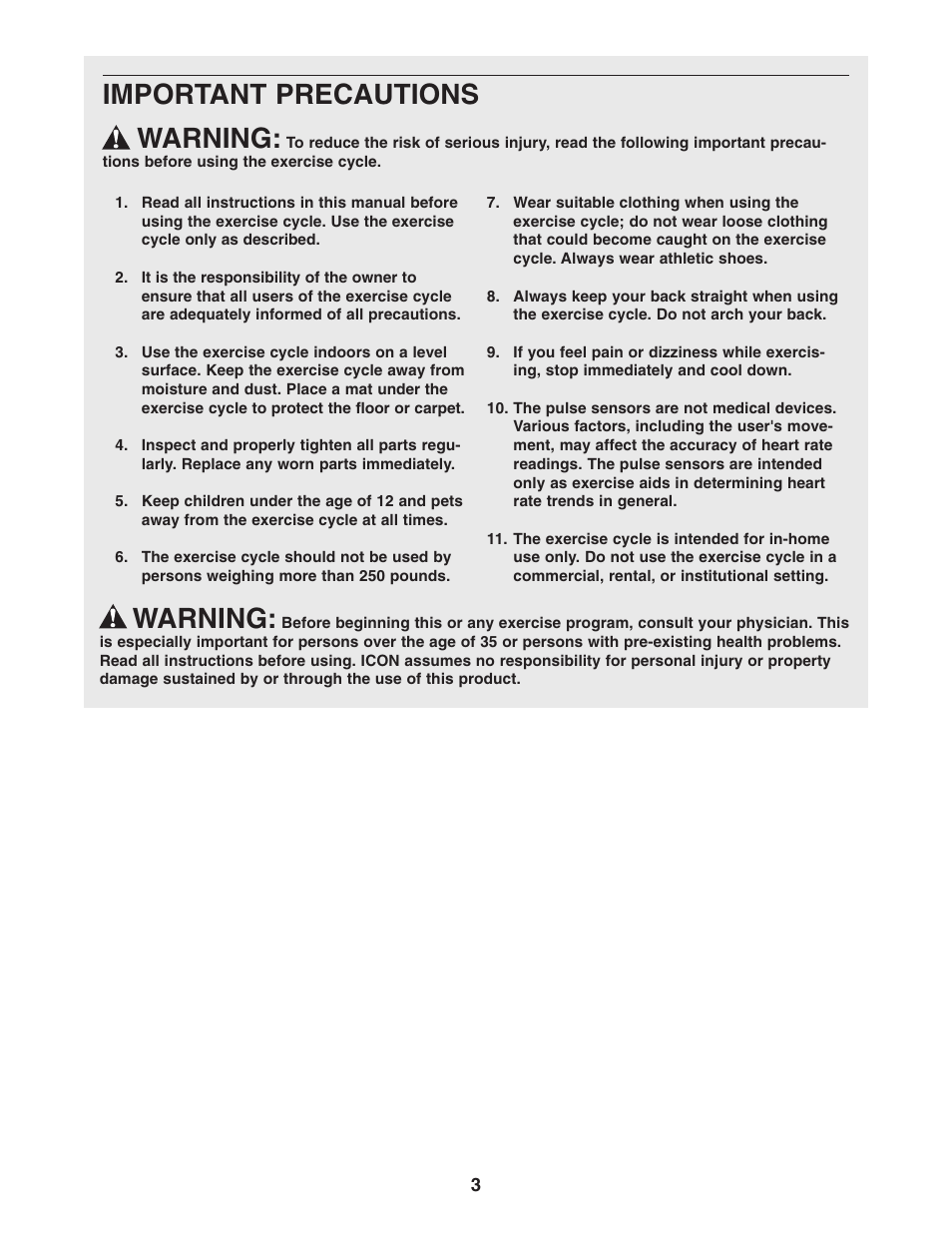Important precautions warning, Warning | NordicTrack NTC89021 User Manual | Page 3 / 32