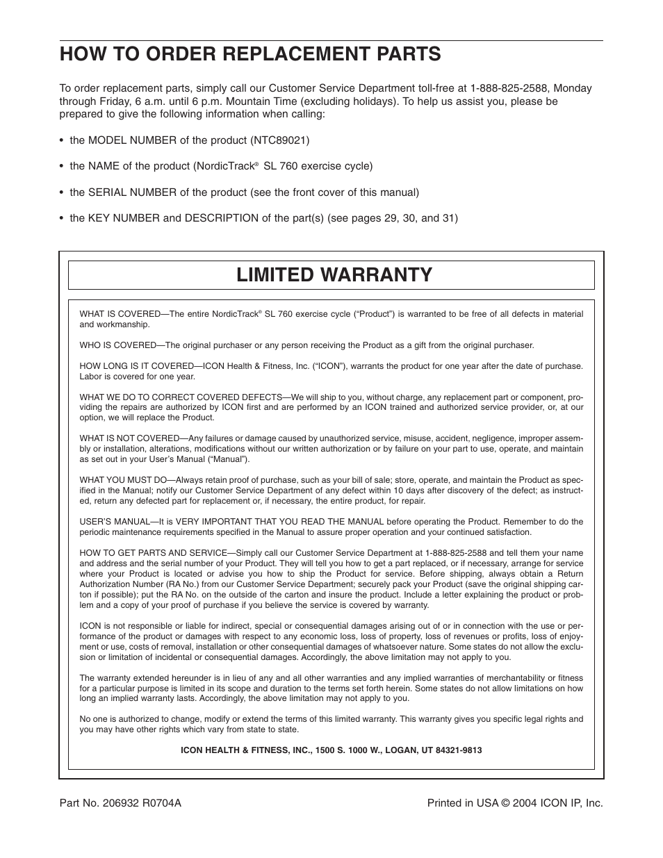 How to order replacement parts, Limited warranty | NordicTrack NTC89021 User Manual | Page 32 / 32