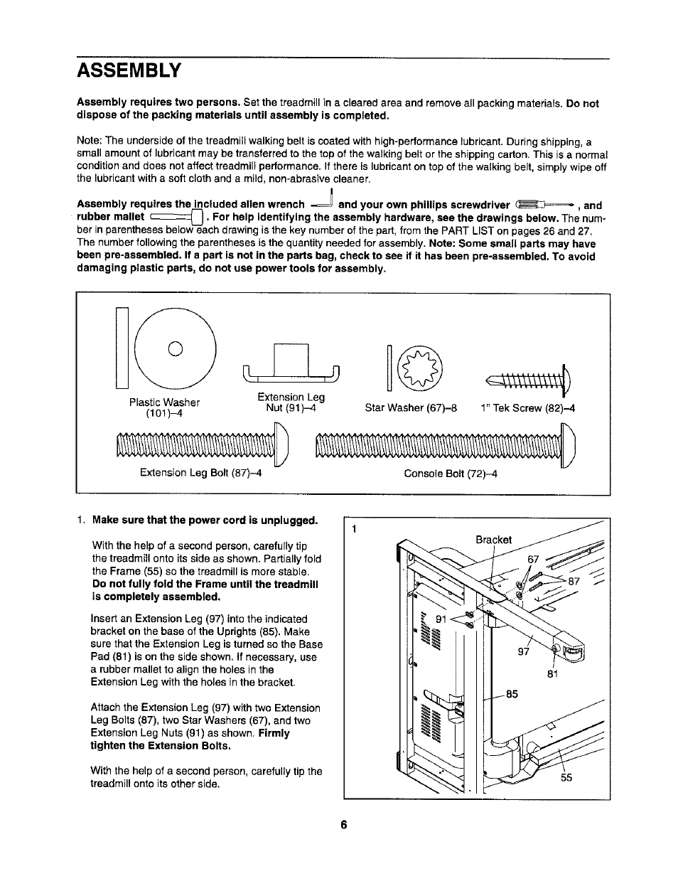 Assembly requires the included alien wrench, Make sure that the power cord is unpiugged, Assembly | NordicTrack C2255 NTL07806.2 User Manual | Page 6 / 32