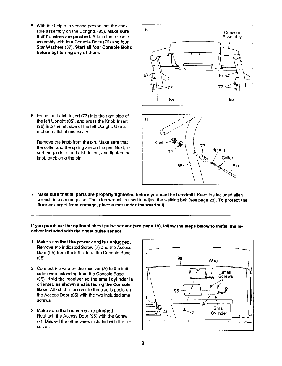 Make sure that the power cord is unplugged, Make sure that no wires are pinched | NordicTrack C2255 NTL07806.2 User Manual | Page 8 / 32