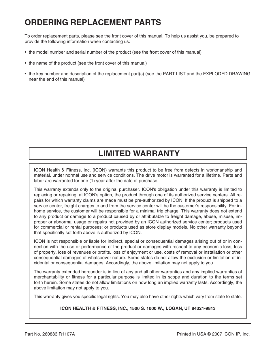 Limited warranty, Ordering replacement parts | NordicTrack ViewPoint NTL13007.0 User Manual | Page 40 / 40