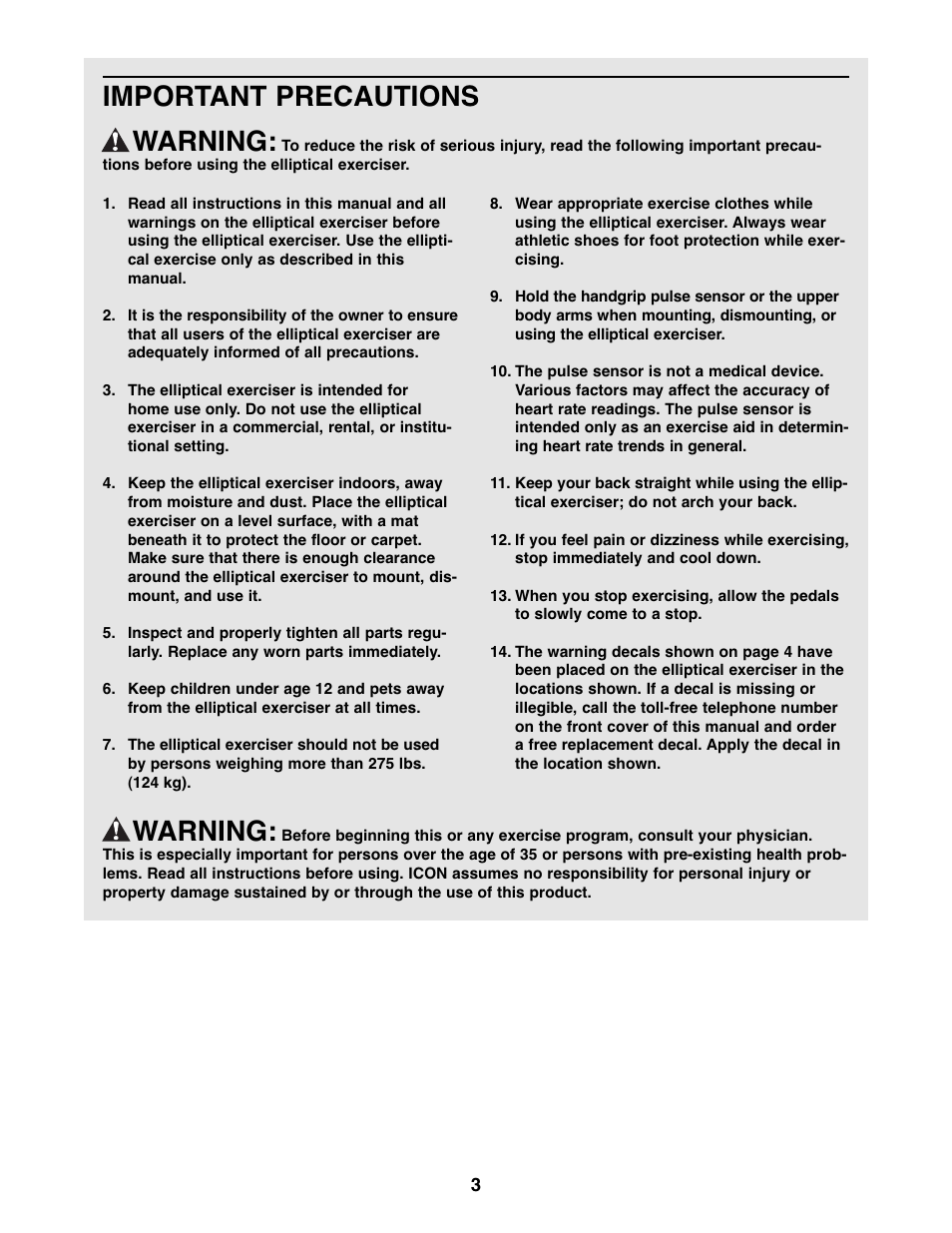 Important precautions warning, Warning | NordicTrack Audiostrider NTEL7506.2 User Manual | Page 3 / 28