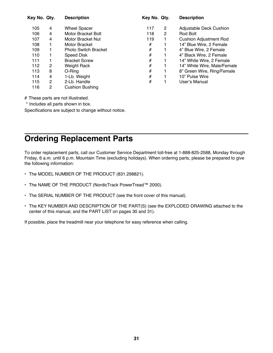 Ordering replacement parts | NordicTrack 831.298821 User Manual | Page 31 / 34