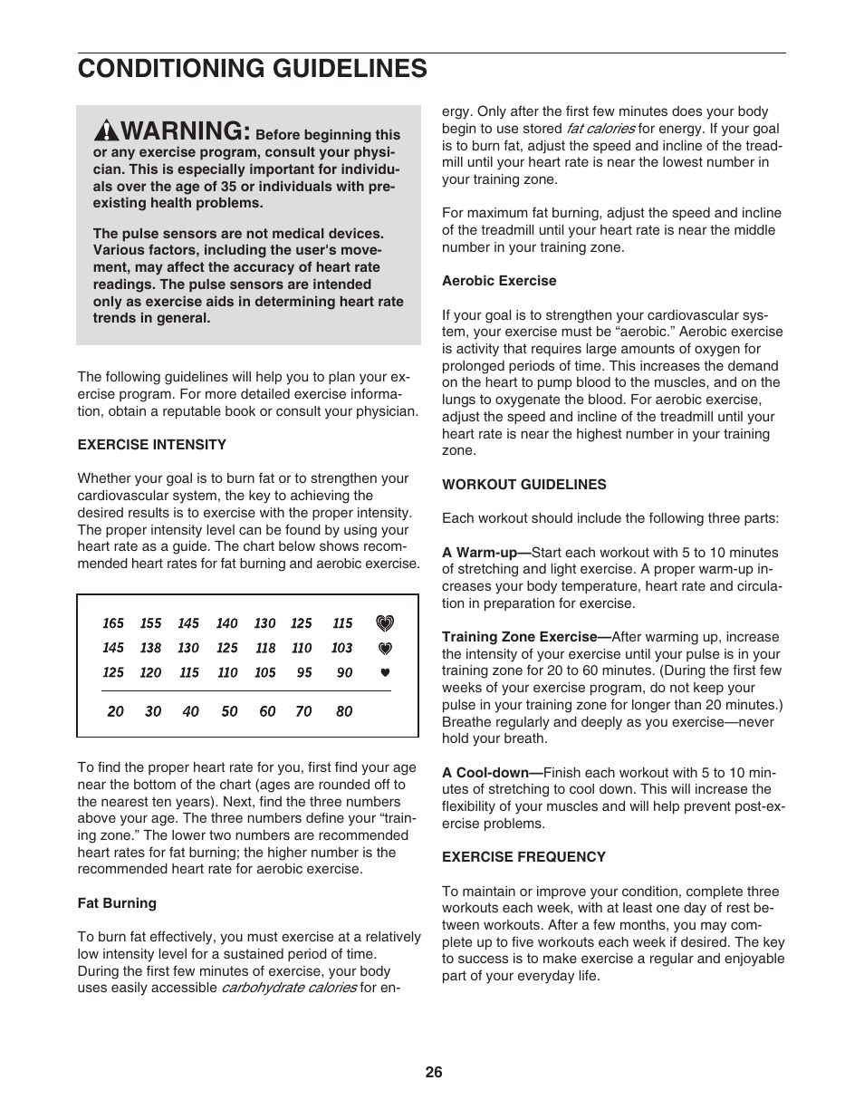 Conditioning guidelines, Warning | NordicTrack APEX 6000 NTL21005.0 User Manual | Page 26 / 36